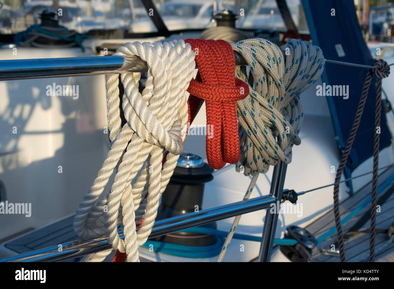 Rope hanks on a sailing yacht's guardrail Stock Photo Alamy