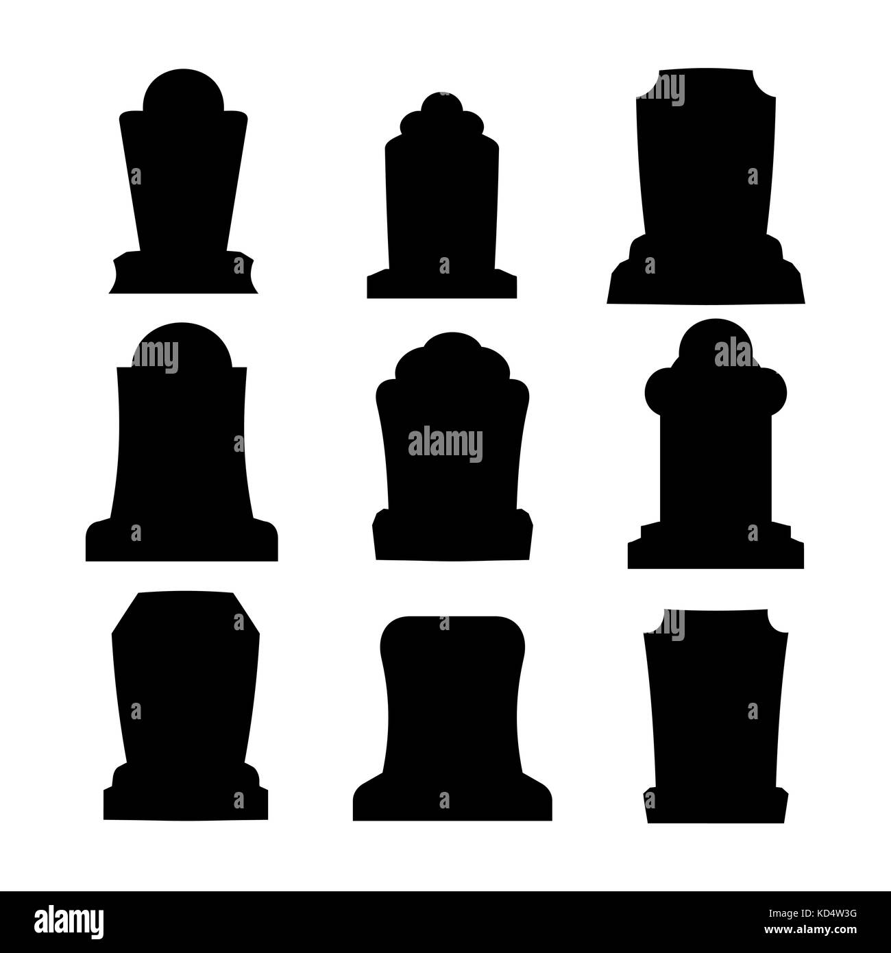 Tombstone silhouette set for halloween. Gravestone cemetery collection. Vector illustration Stock Vector