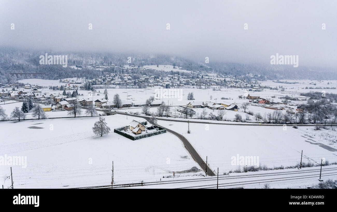 Aerial view of snow covered town Stock Photo - Alamy