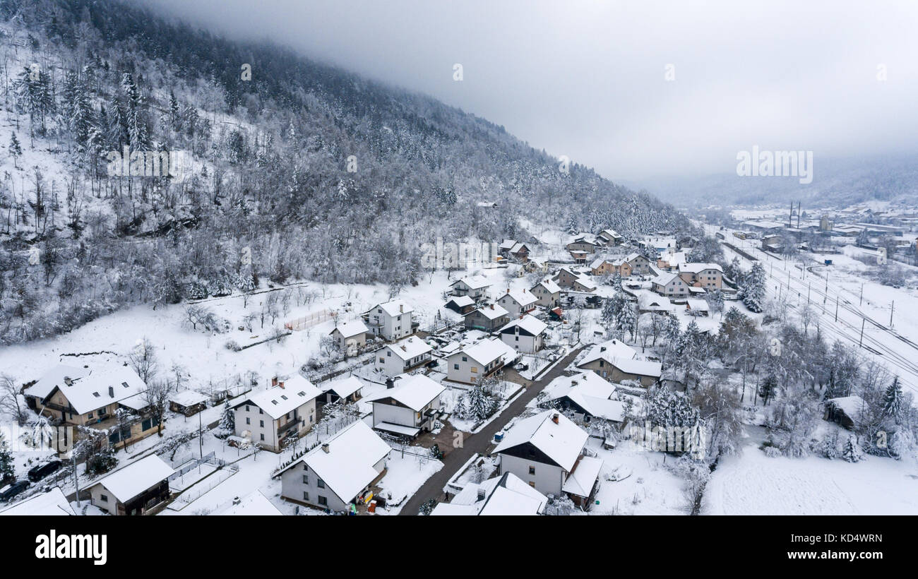 Aerial view of snow covered town Stock Photo - Alamy