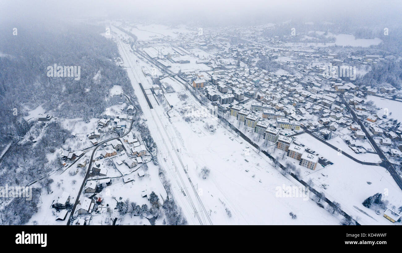 Aerial view of snow covered town Stock Photo - Alamy