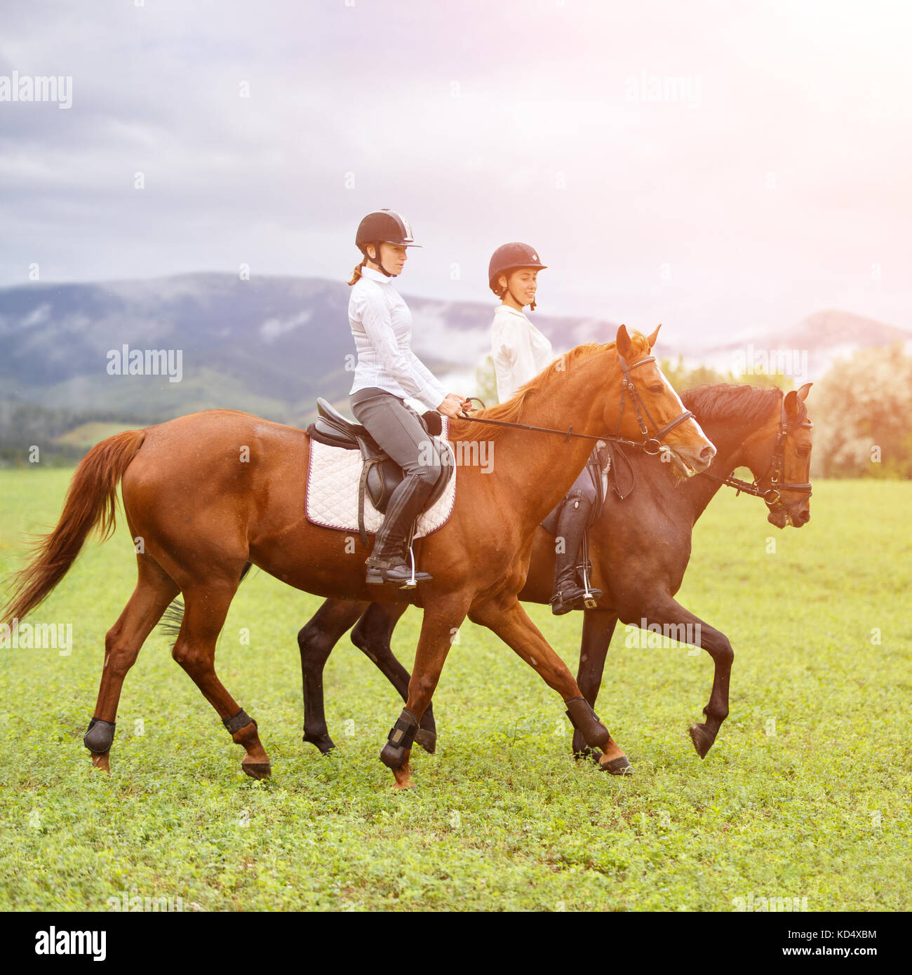 Two young women riding horses on green mountain meadow. Equestrian