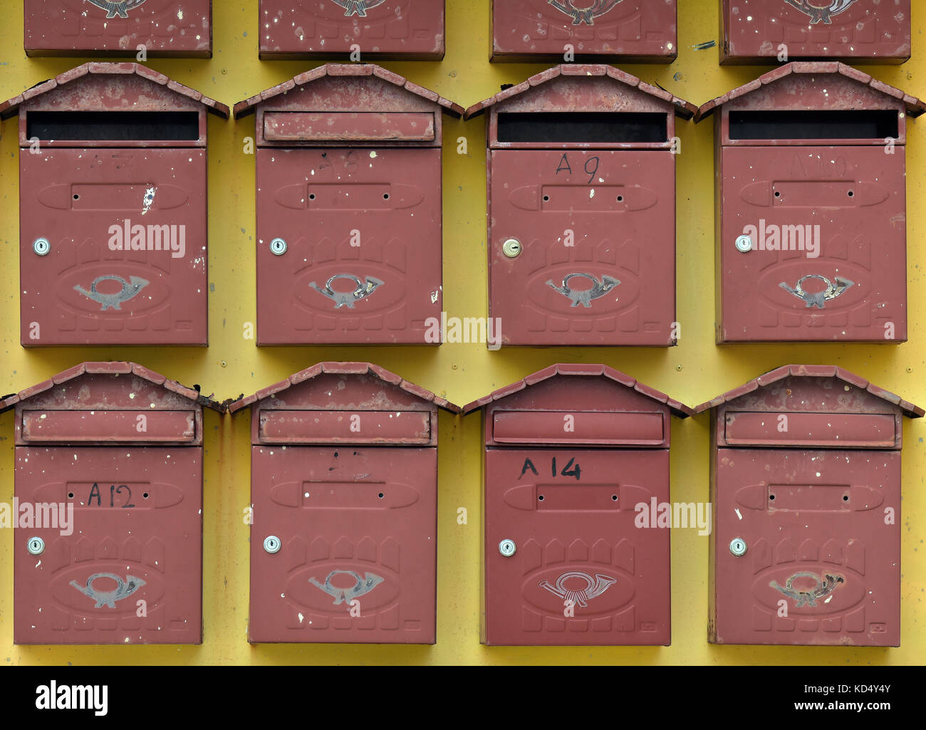Mailboxes at an appartment block of flats in greece on corfu. Stock Photo