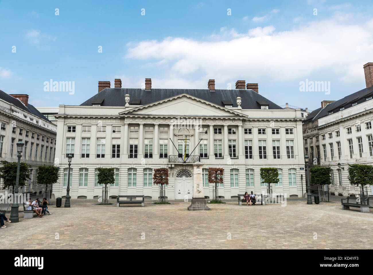 Brussels, Belgium - August 27, 2017: Martyrs Square with people walking around in Brussels, Belgium. Monument dedicated to te martyrs of the 1830 revo Stock Photo