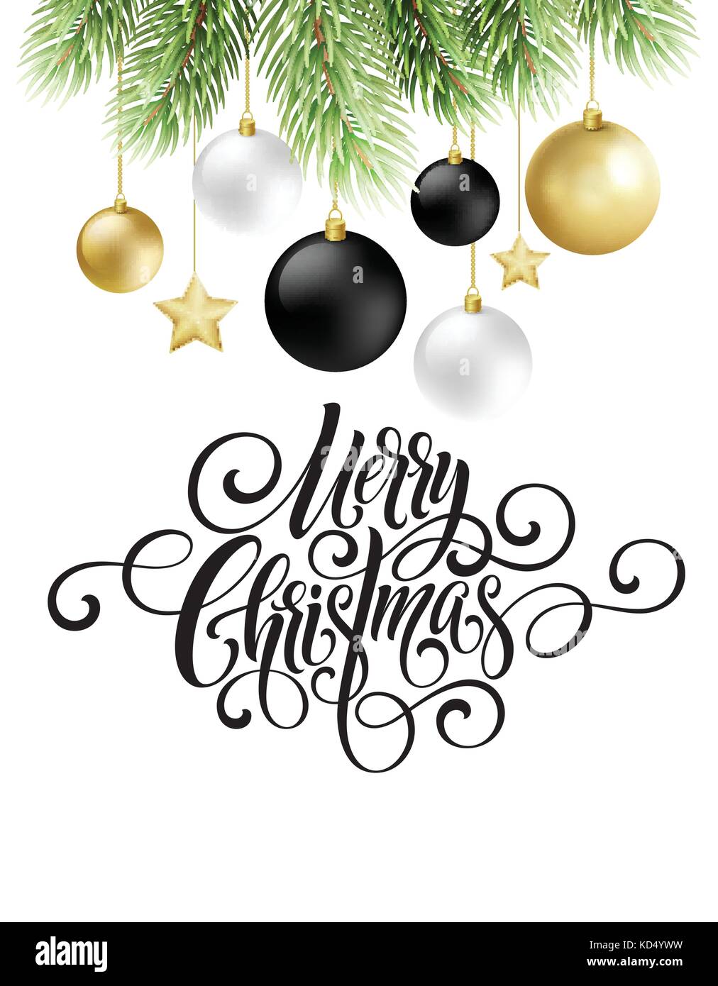 Merry Christmas handwriting script lettering. Greeting background with a Christmas tree and decorations. Vector illustration Stock Vector