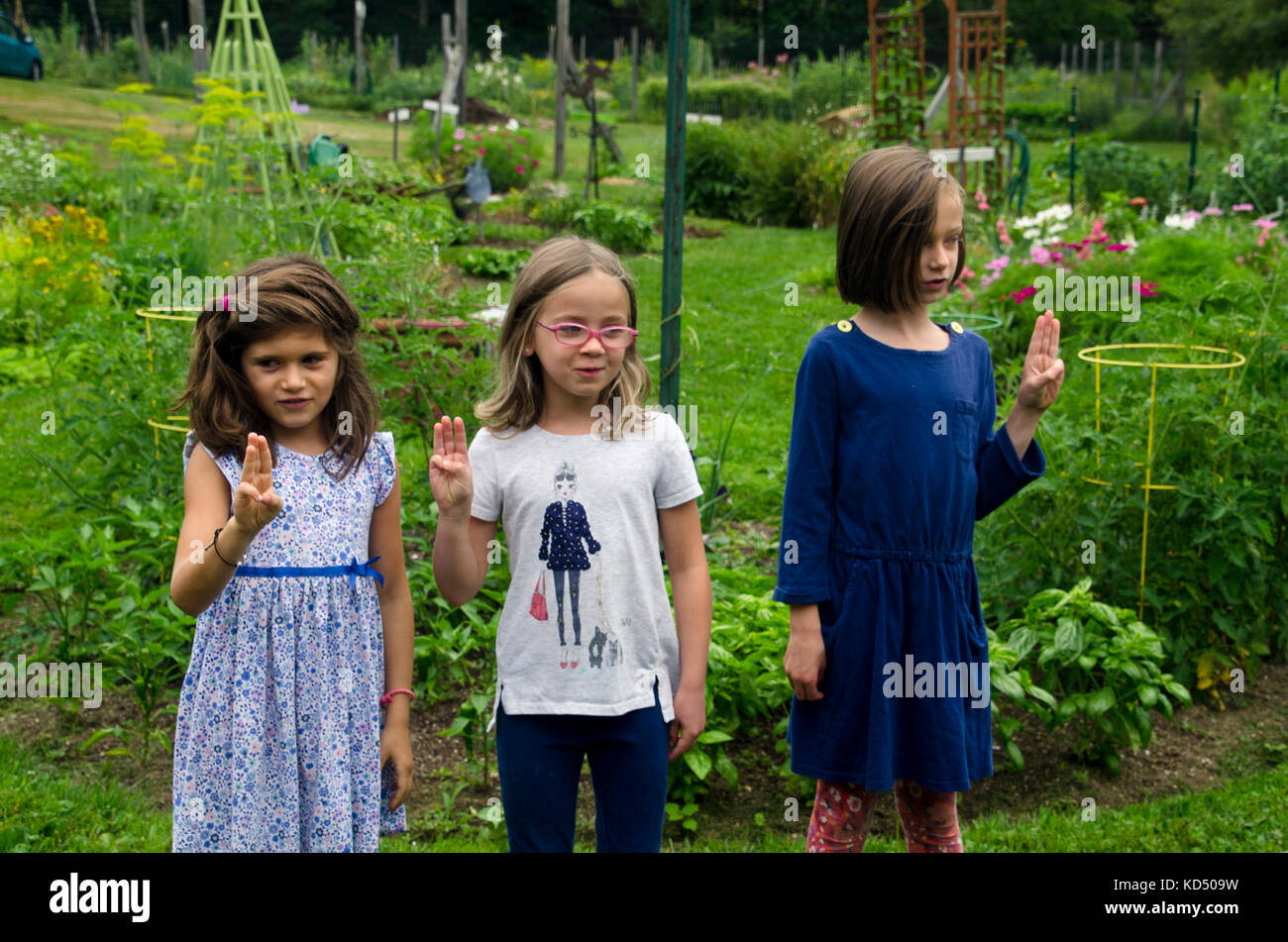 Girl scouts come to the garden, Yarmouth Maine, USA Stock Photo