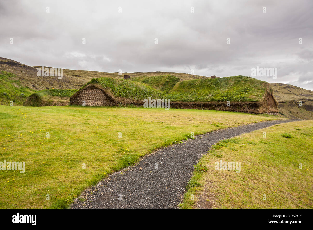 Viking house in Pjodveldisbaer, Iceland. Traditional mossy roofs. Stock Photo