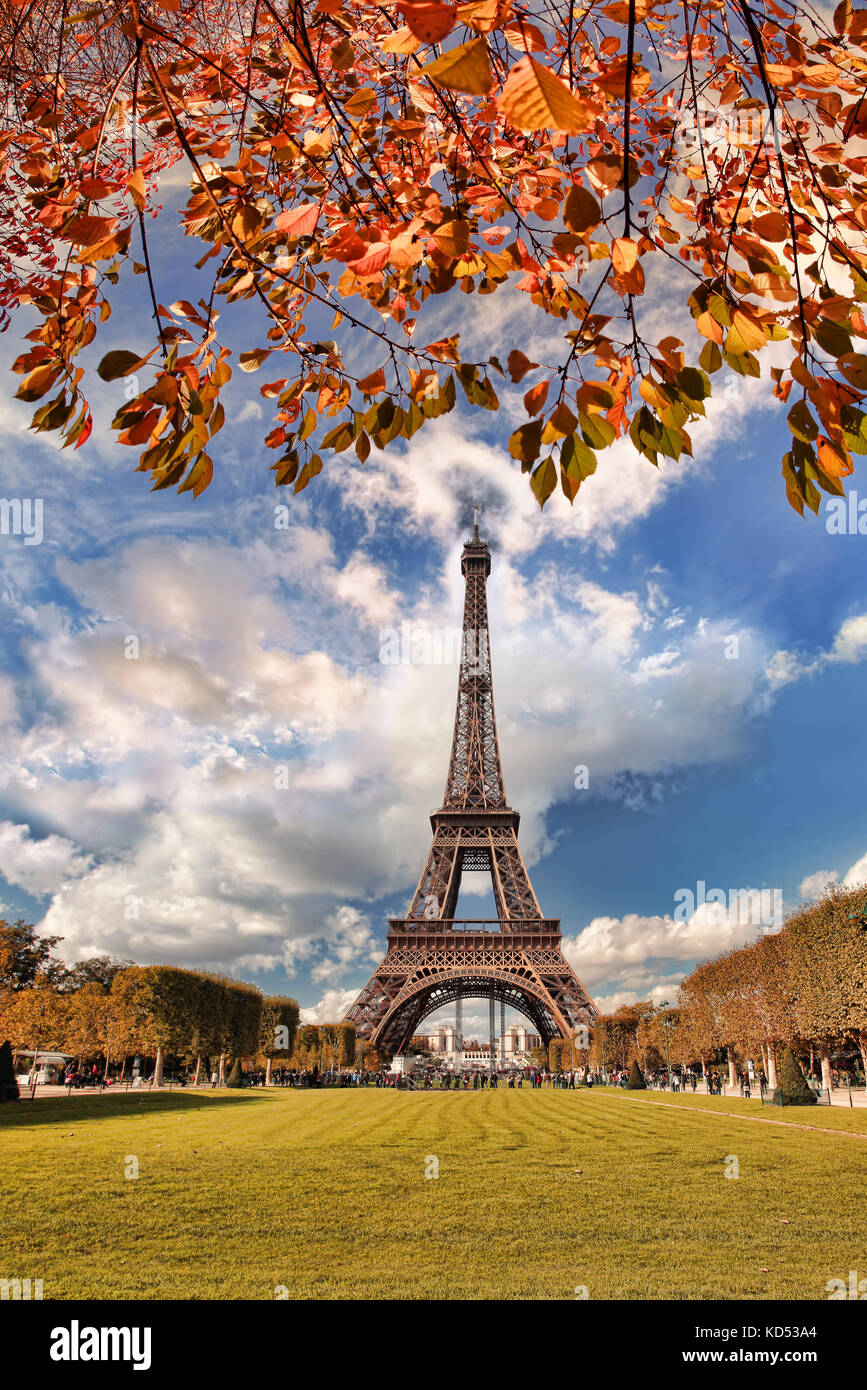 Eiffel Tower with autumn leaves in Paris, France Stock Photo