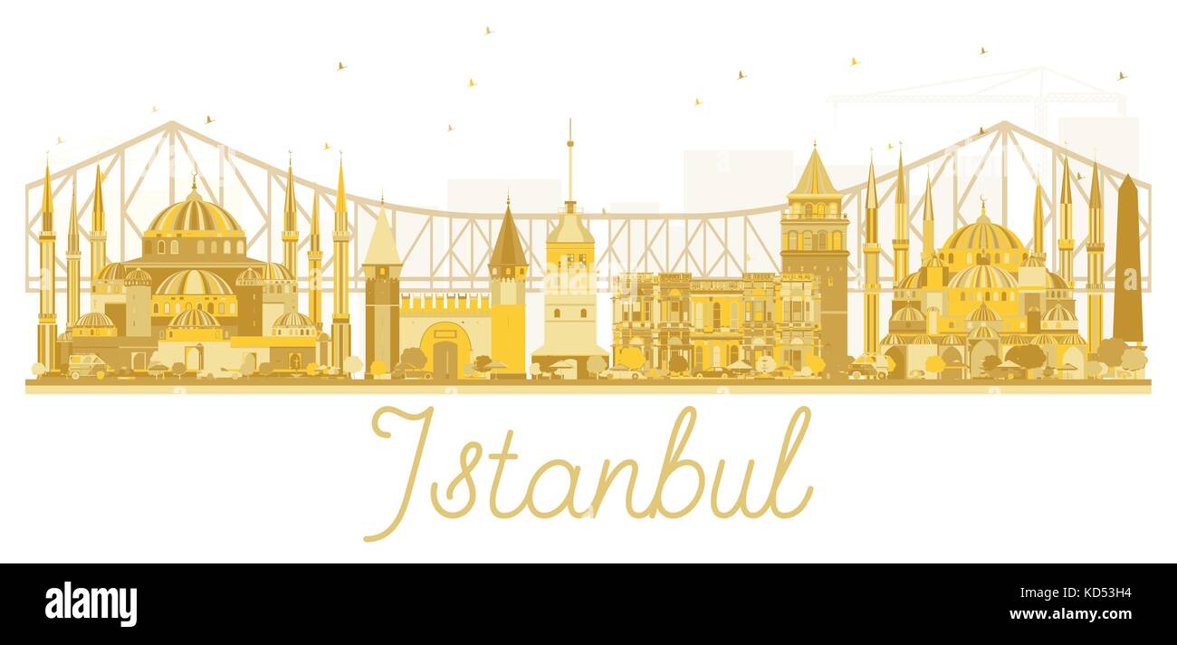 Istanbul City skyline golden silhouette. Vector illustration. Business travel concept. Istanbul Cityscape with landmarks. Stock Vector