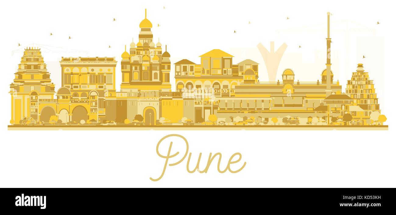 Pune skyline golden silhouette. Vector illustration. Cityscape with famous landmarks. Stock Vector