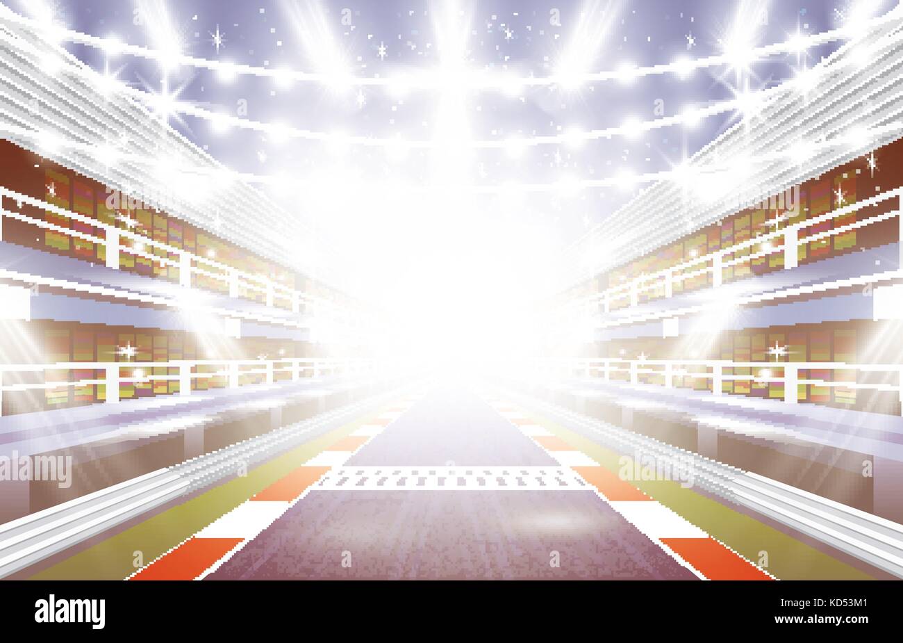 Race Track Arena with Spotlights and Finish Line. Vector Illustration. Stock Vector