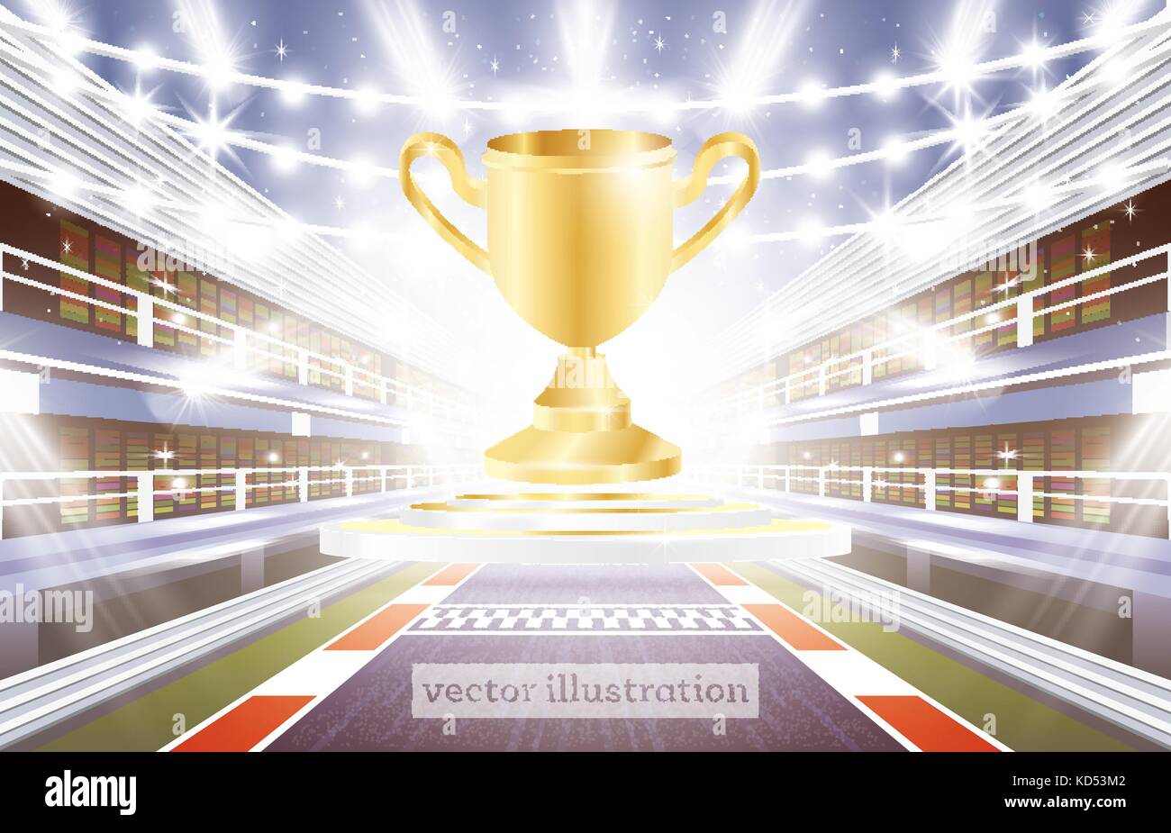Race Track Arena with Spotlights, Finish Line and Golden Cup. Vector Illustration. Stock Vector