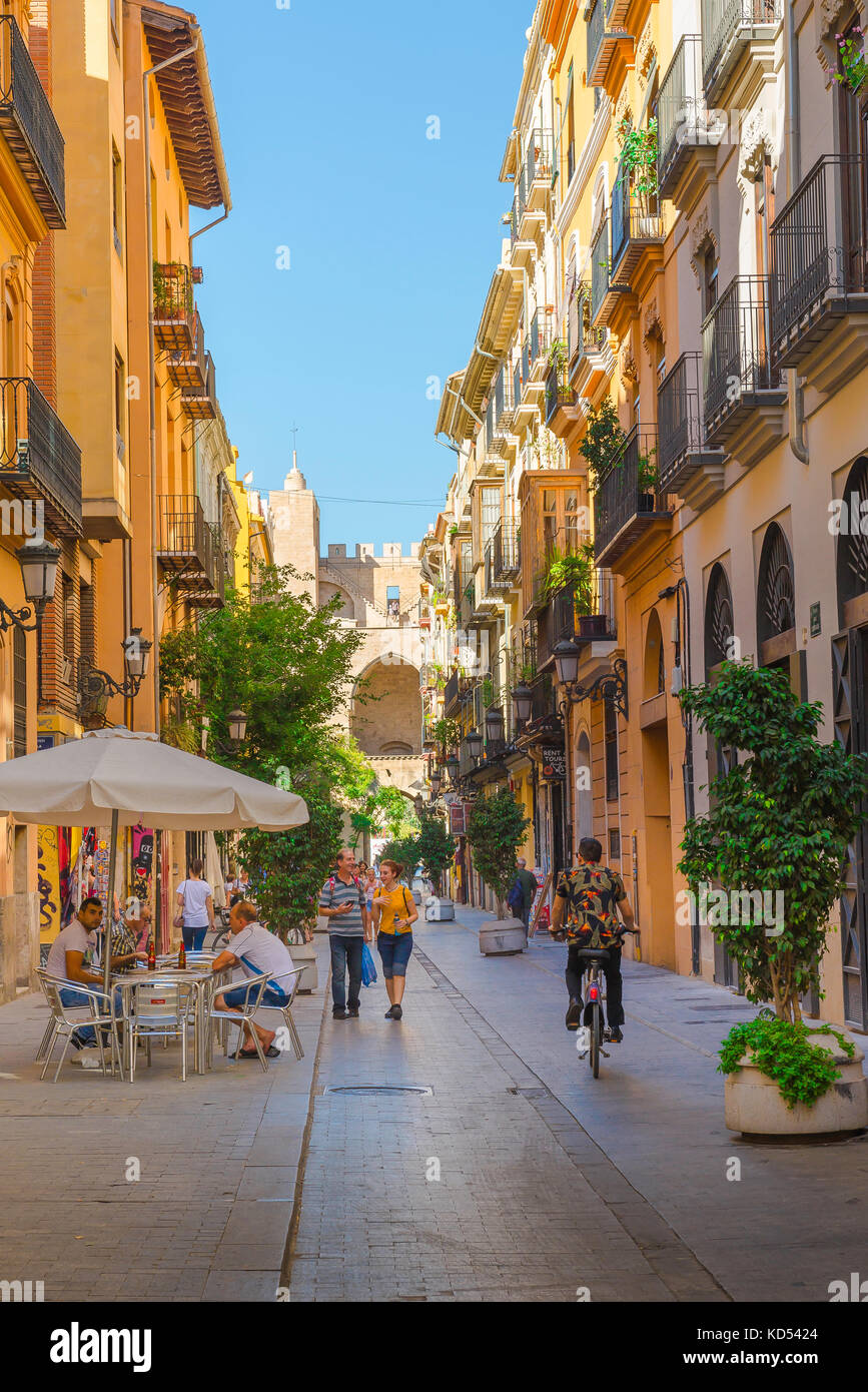 Valencia Spain city, view along the Calle Serranos towards the Porta Serrans city gate in the historic old town quarter of Valencia, Spain. Stock Photo