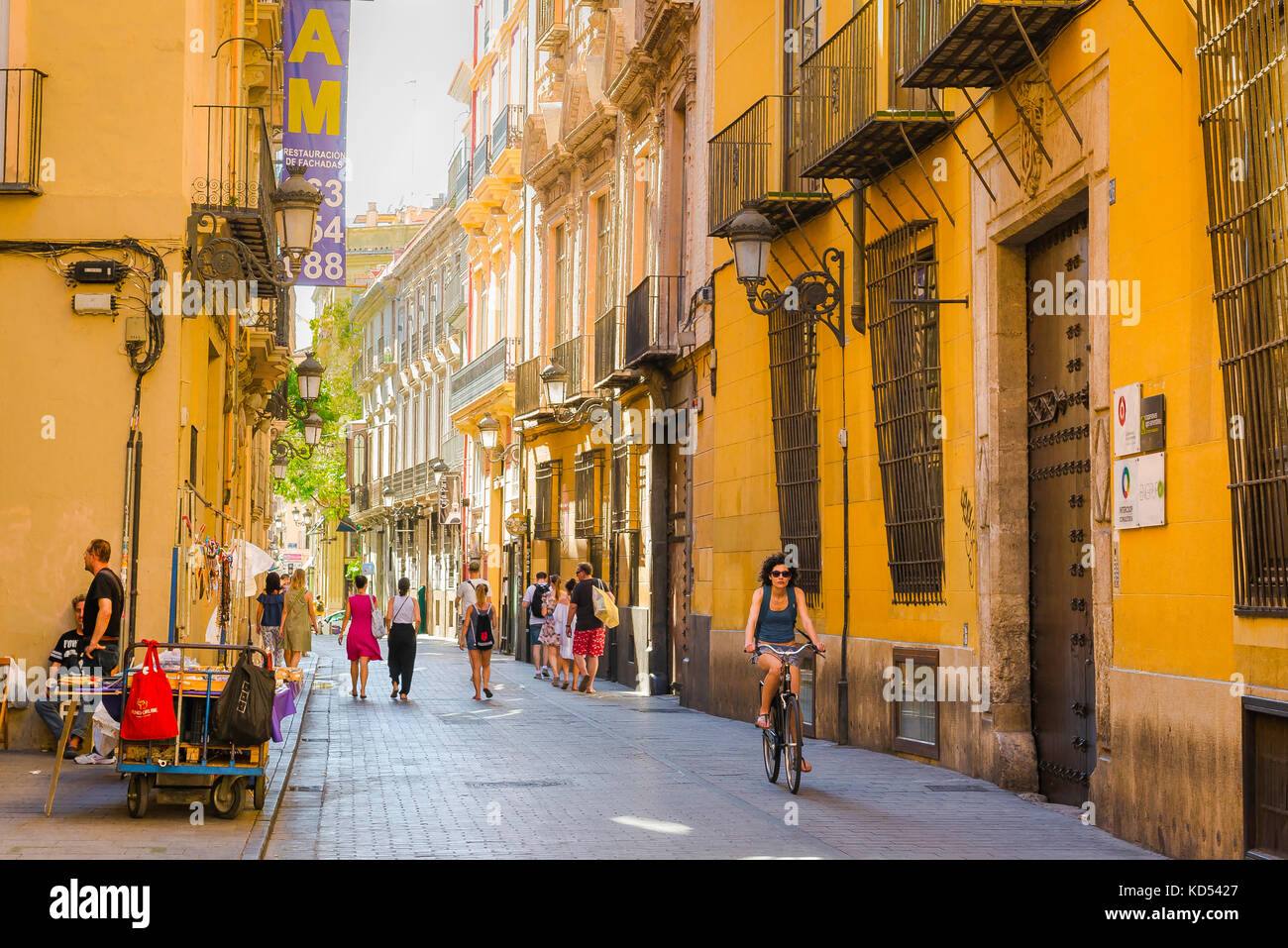 Valencia travel city, view of a neighbourhood street in the old town Barrio del Carmen quarter in the historic center of Valencia, Spain. Stock Photo