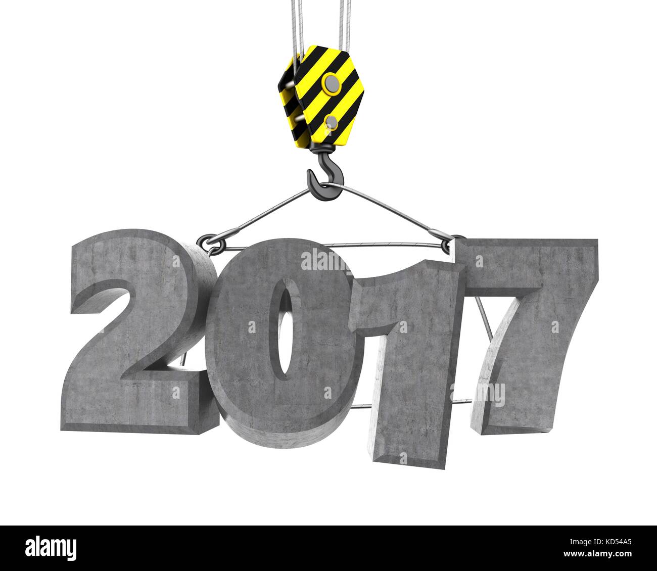 3d illustration of 2017 sign with crane hook over white background ...