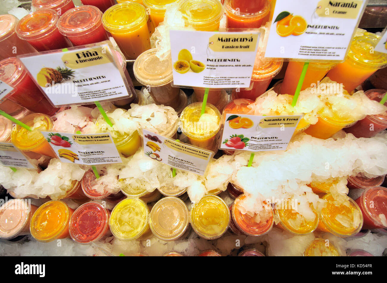 Fruit juices. La Boqueria market, Barcelona, Catalonia, Spain Stock