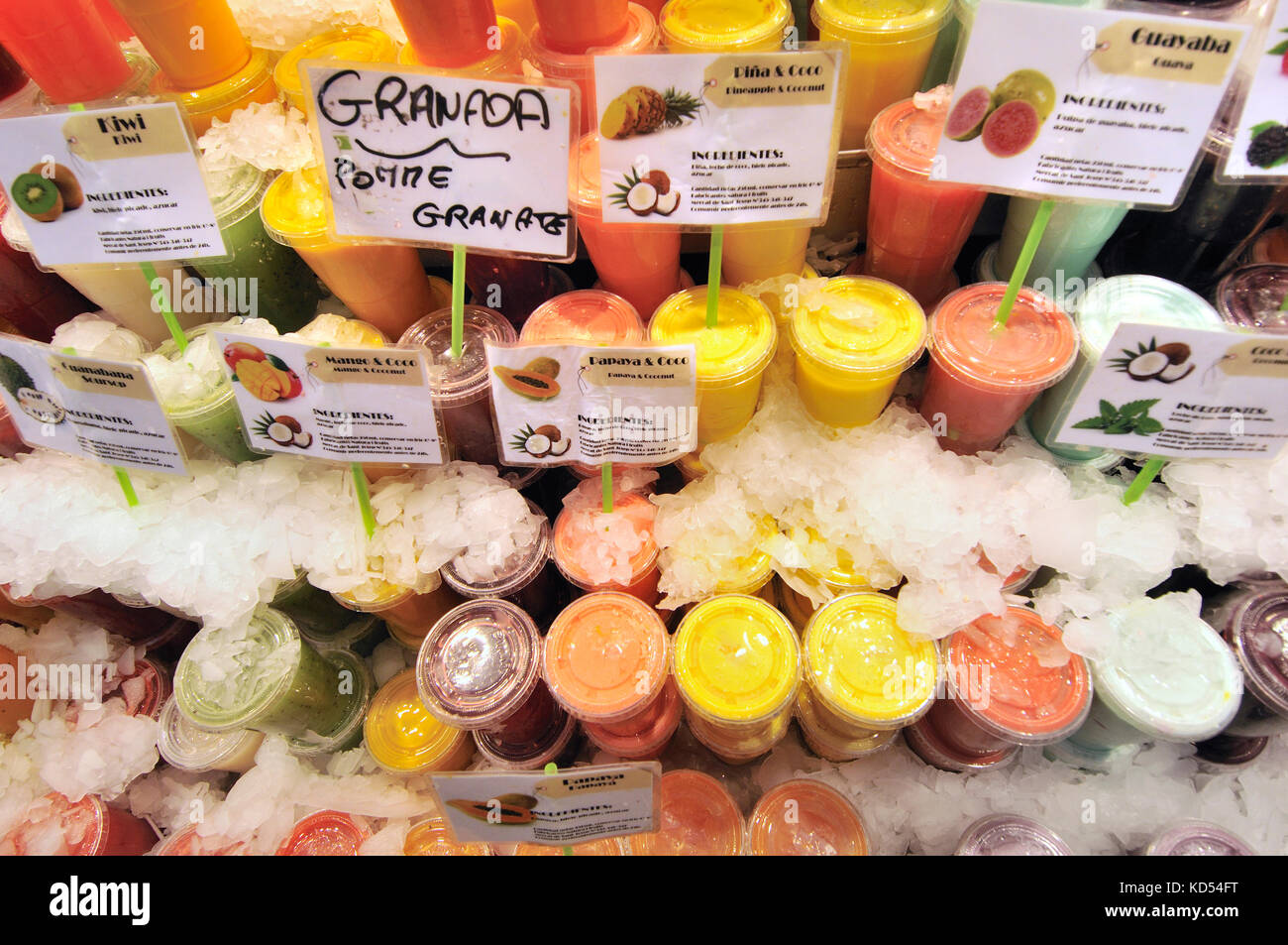 Fruit juices. La Boqueria market, Barcelona, Catalonia, Spain Stock