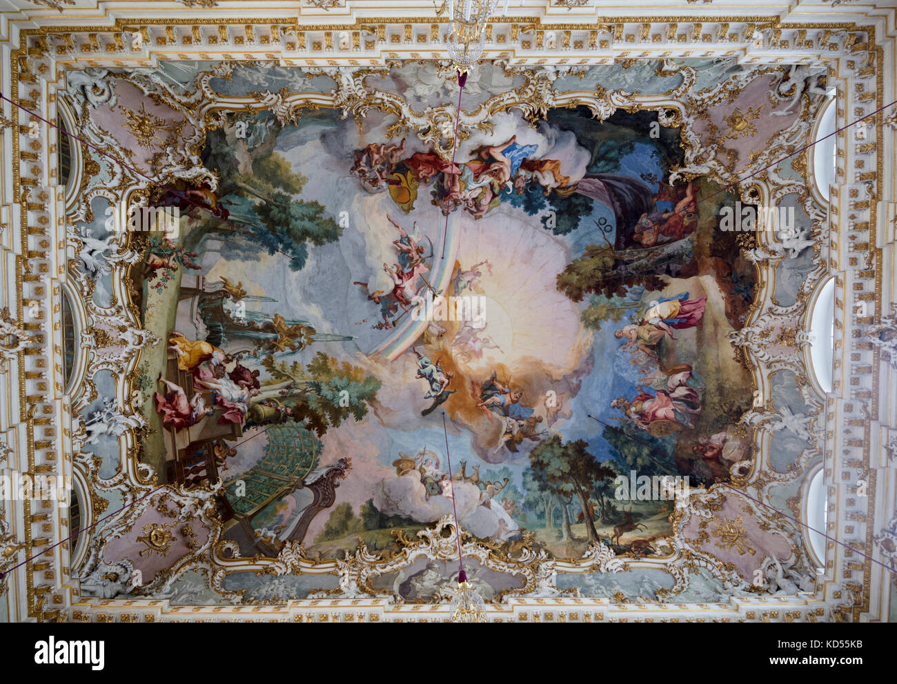 central ceiling fresco, Helios in his chariot, The Steinerner Saal (Stone Hall), Nymphenburg Palace (Schloss Nymphenburg), Munich, Bavaria, Germany Stock Photo