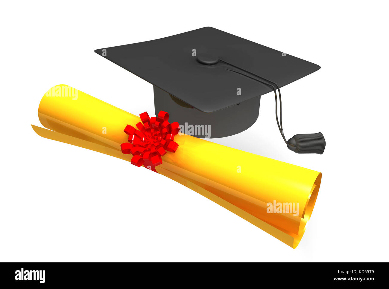 graduation cap and scroll on white background Stock Photo