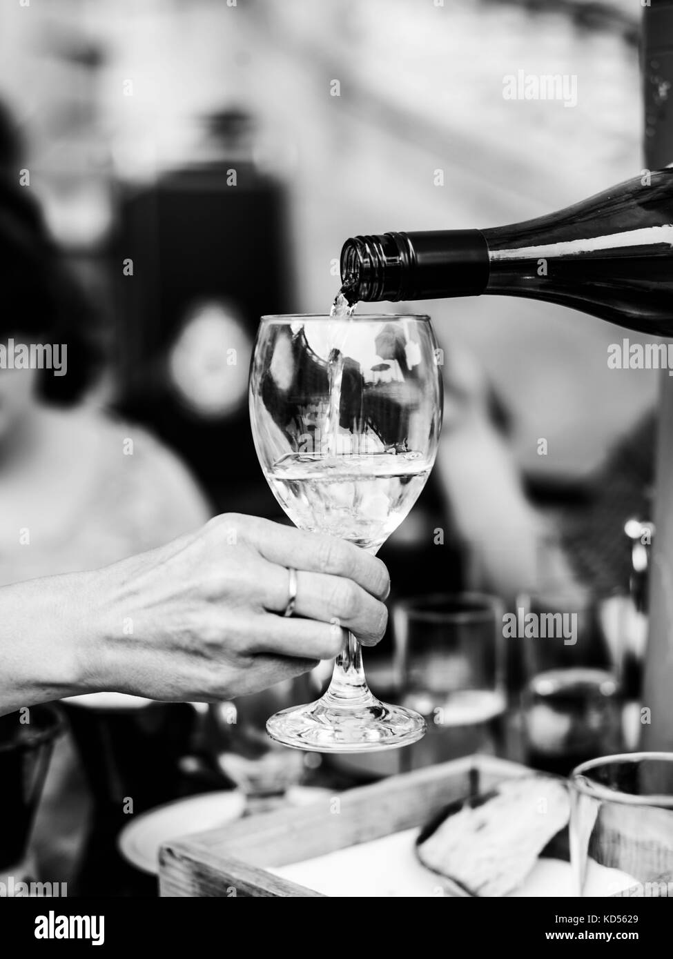 Black and White Monochrome Image of Pouring White Wine Into a Wine Glass From a Bottle In an Outside or Ourdoor Setting Stock Photo