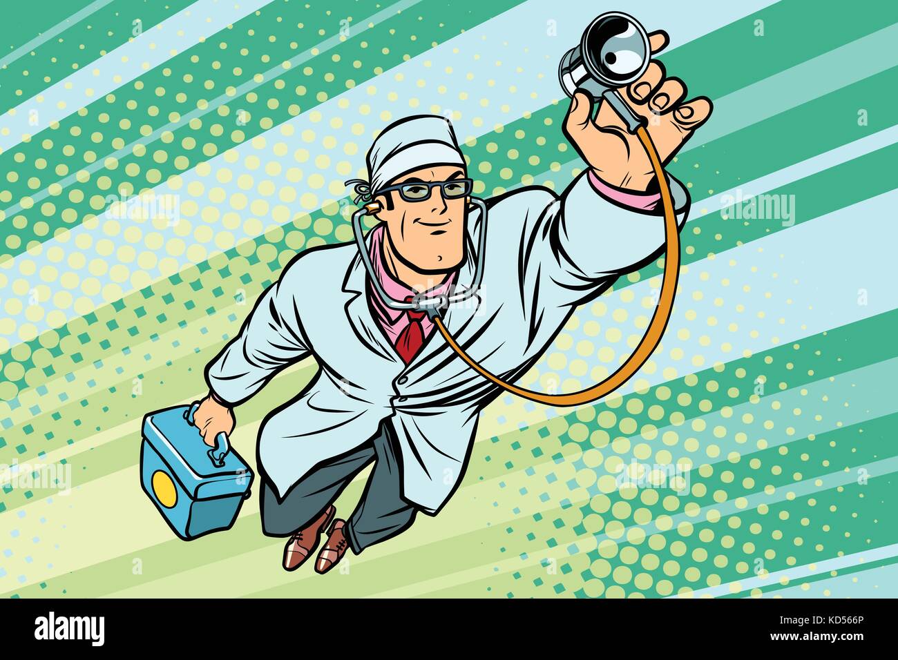 Doctor physician with stethoscope flying superhero. Comic book cartoon pop art retro vector illustration drawing Stock Vector