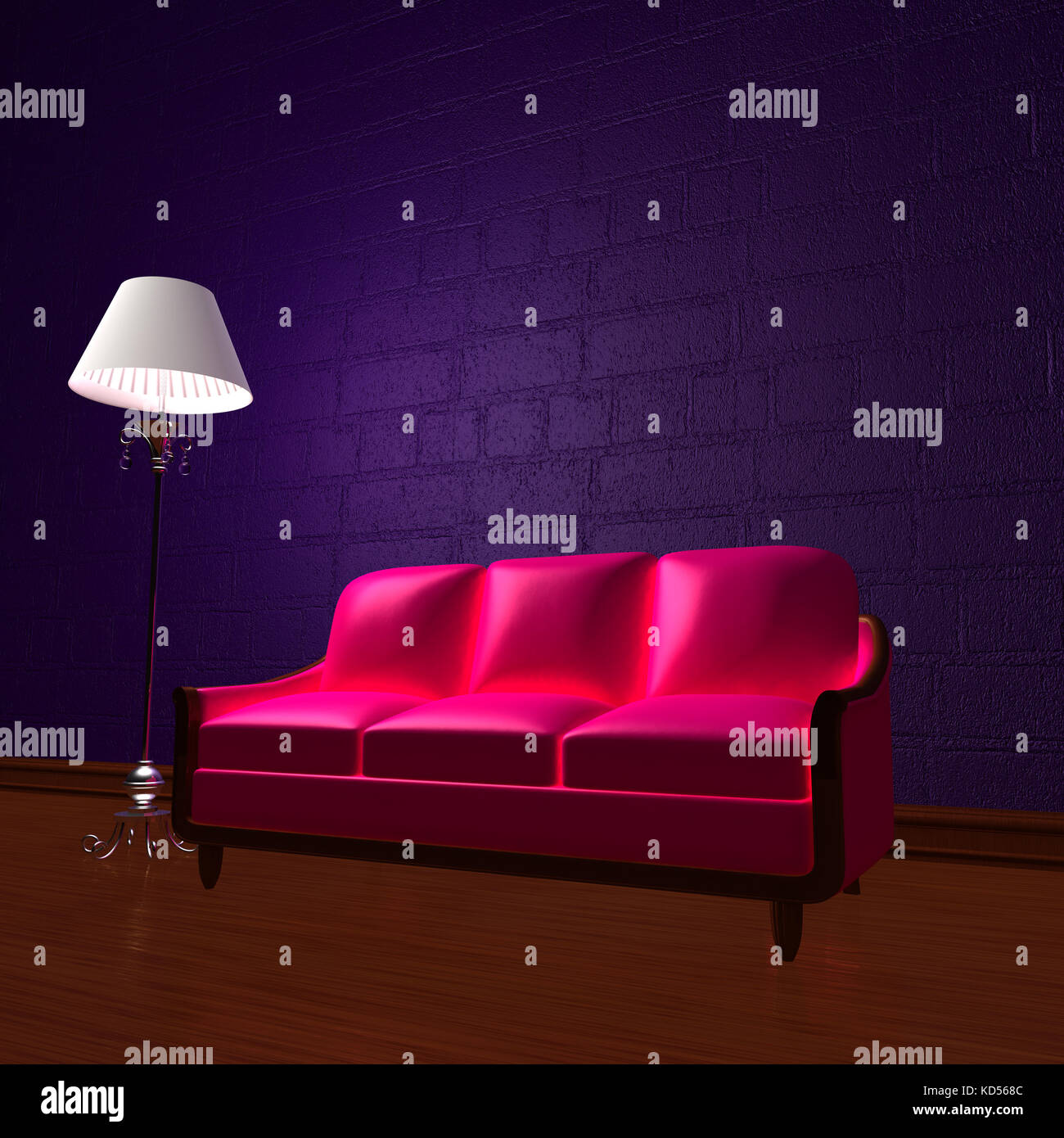 Pink couch and standard lamp in dark purple minimalist interior Stock Photo