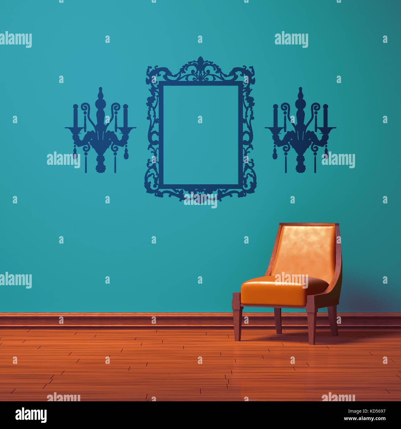 Orange chair in blue minimalist interior Stock Photo Alamy
