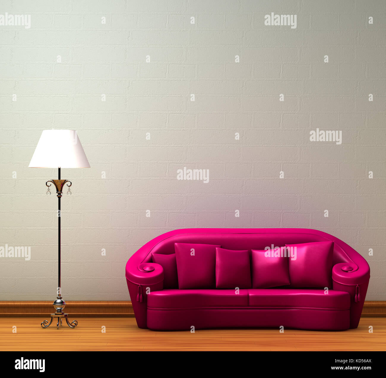 Pink couch with standard lamp in minimalist interior Stock Photo