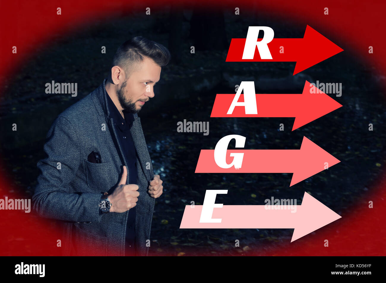 stern bearded man in an aggressive pose with his hands on lapels of his jacket next to the arrows on which is written the word rage Stock Photo