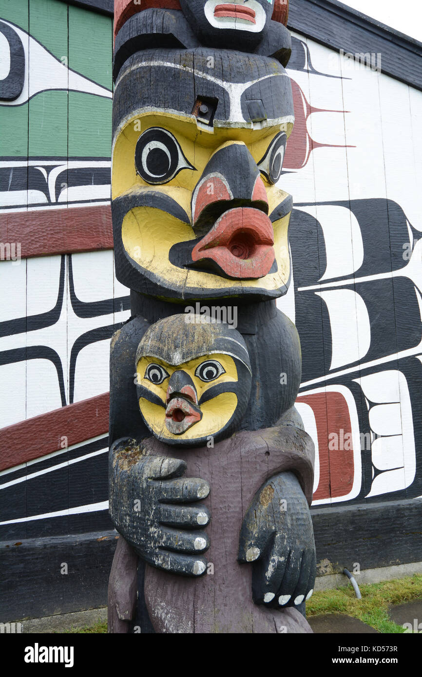 A Northwest aboriginal totem pole depicting the Dzunukwa, the wild cannibal woman, considered by some to be a Sasquatch, in Victoria, B.C., Canada. Stock Photo