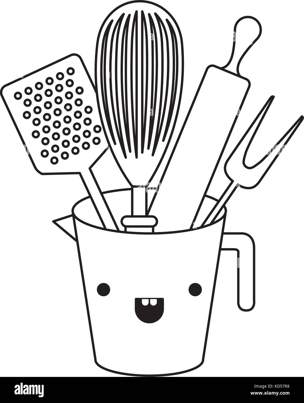 Jar With Kitchen Utensils And Roller Pin Monochrome Kawaii