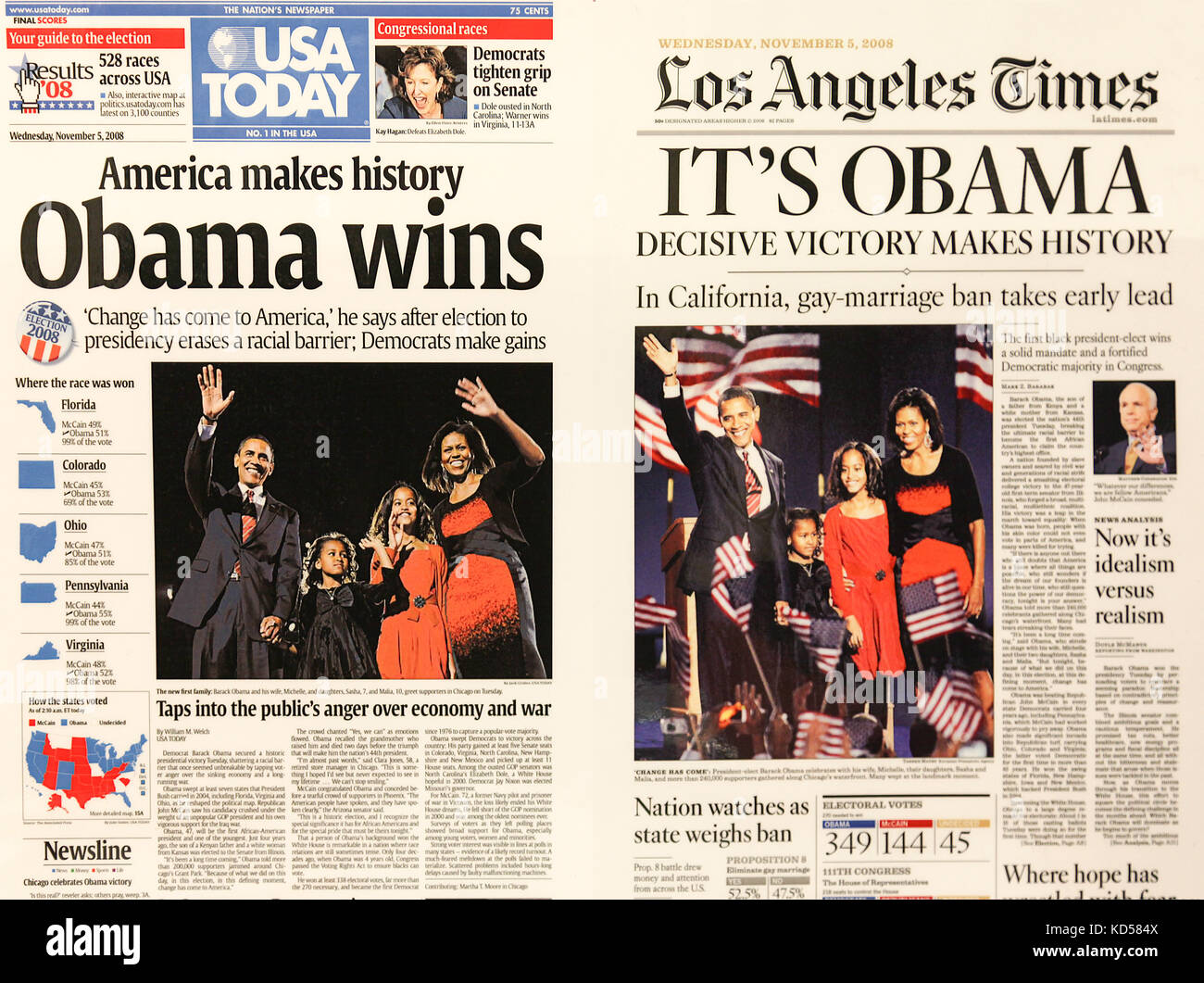Newspaper front page headlines on Obama's first victory. USA TODAY and the LA Times on Nov. 5, 2008. Sold as souvenirs at inauguration in Wash DC. Stock Photo