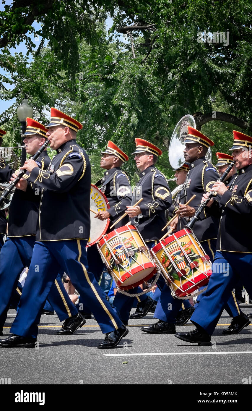 WASH DC-May 25, 2015: United States Army Band marching in the Memorial Day Parade. The band is also known as Pershing's Own and was founded in 1922 Stock Photo