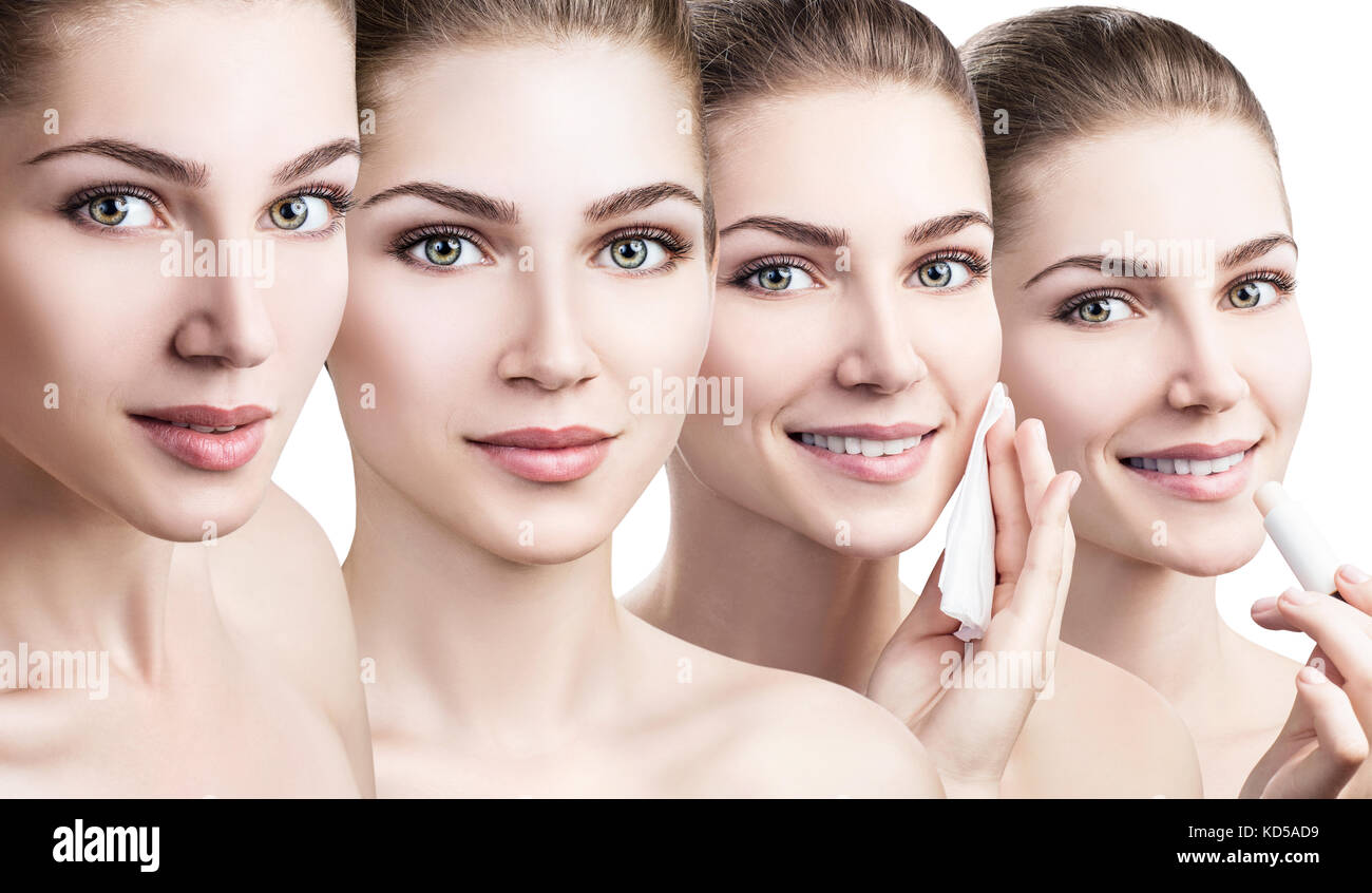Young woman makes different procedures for face. Stock Photo