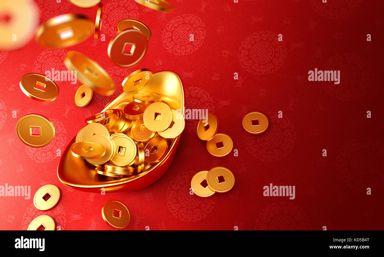 Gold coins dropping on chinese gold sycee ( yuanbao ) Stock Photo