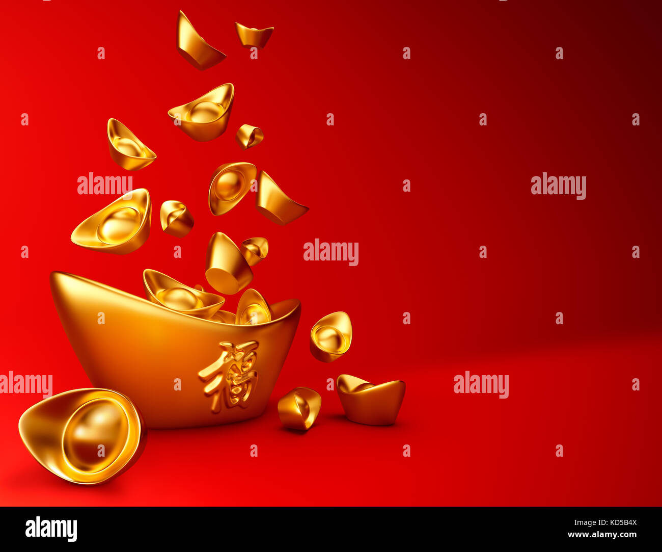 Chinese gold sycee ( yuanbao ) on red background, Chinese calligraphy 'FU' (Foreign text means Prosperity) Stock Photo