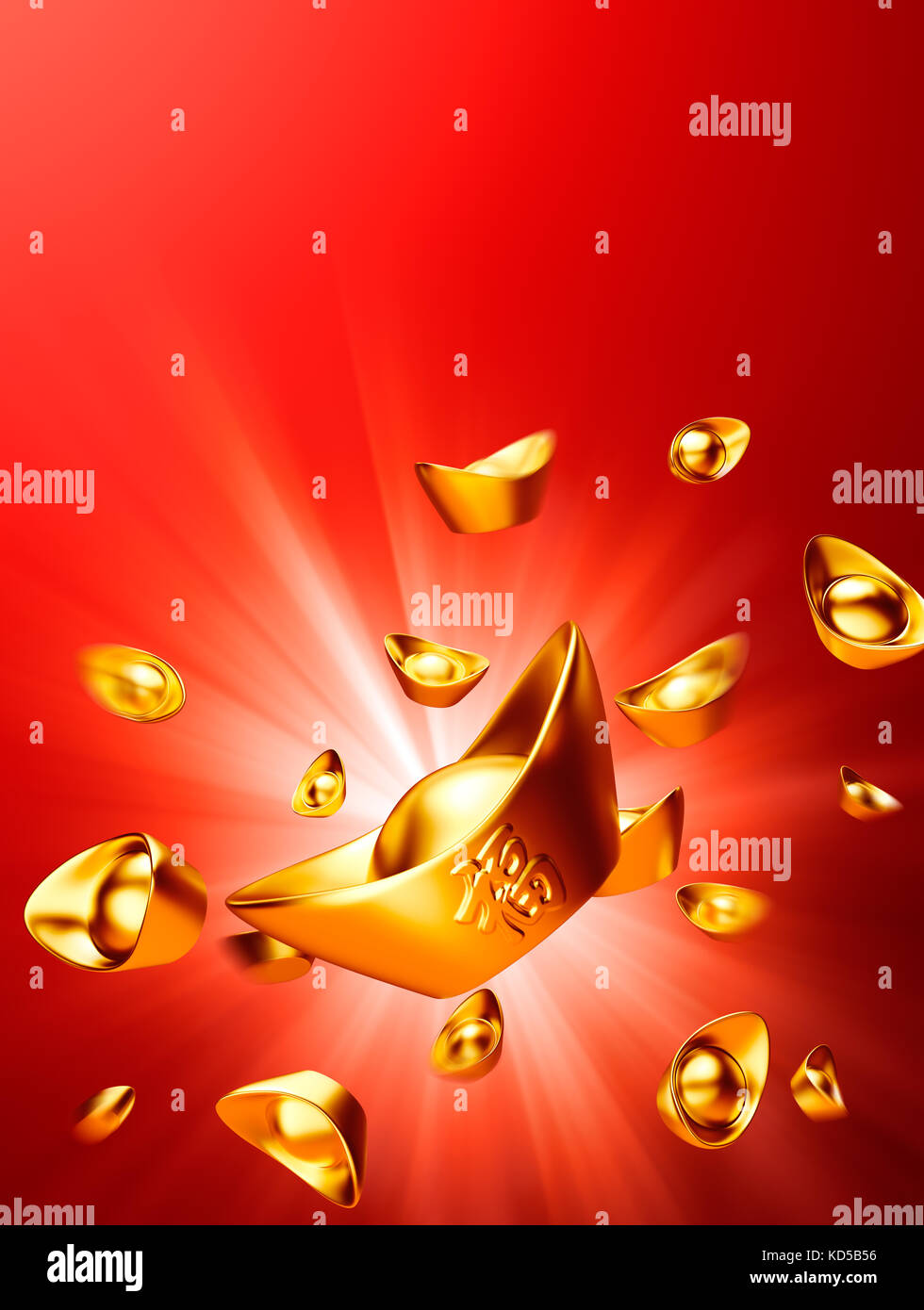 Chinese gold sycee ( yuanbao ) on red background, Chinese calligraphy 'FU' (Foreign text means Prosperity) Stock Photo