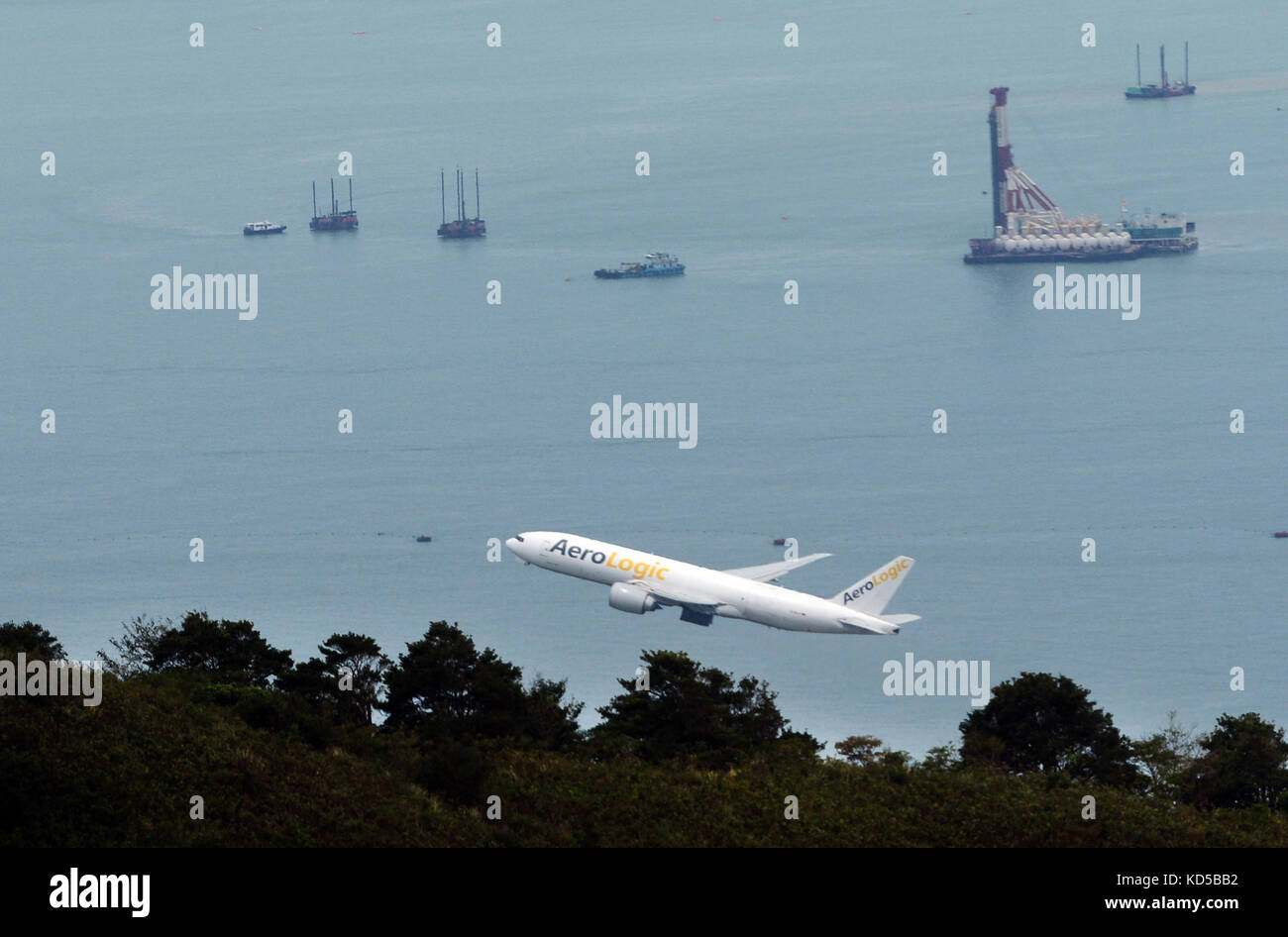Aero Logic takeoff from Hong Kong international airport. Stock Photo