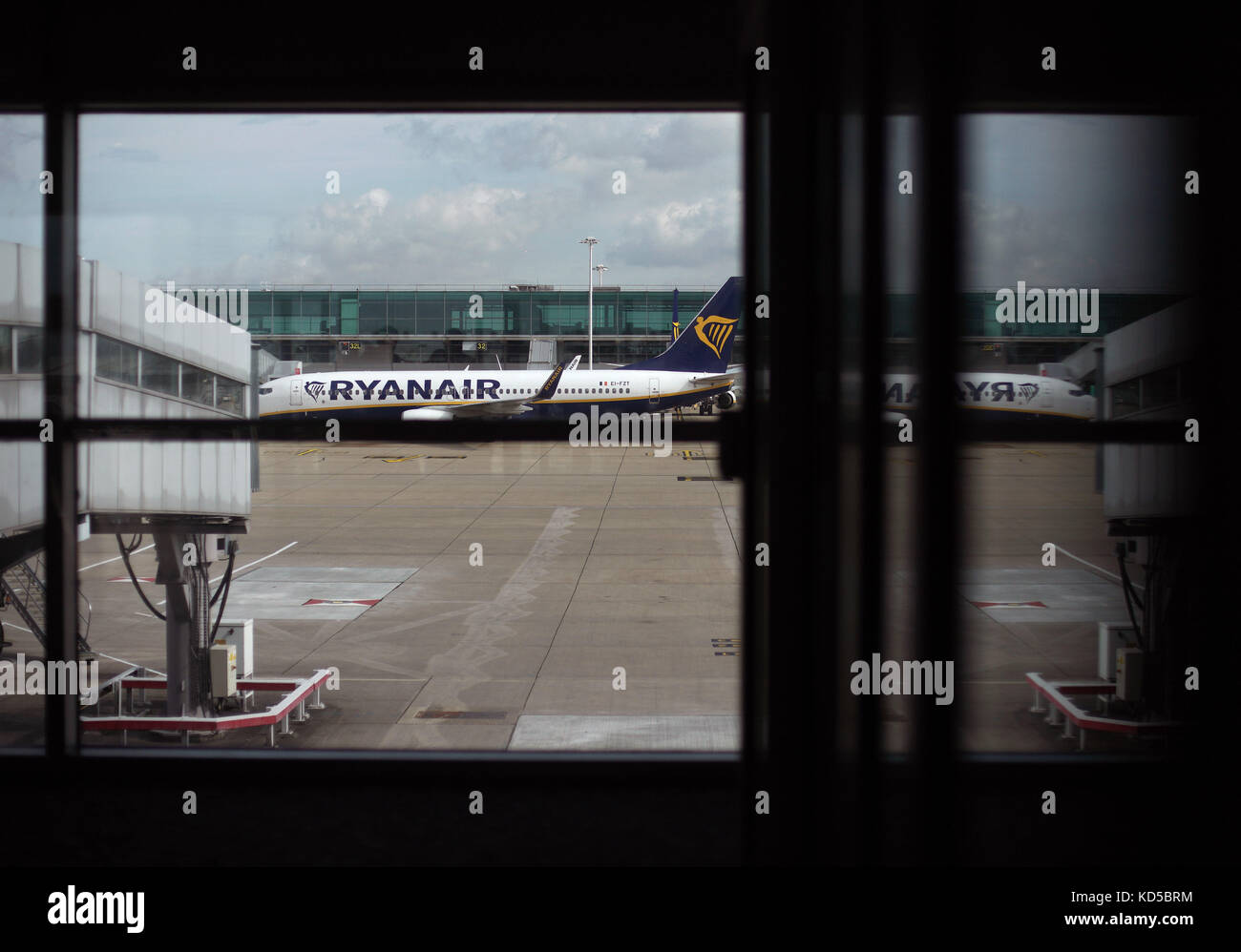 A Ryanair plane on the runway waiting for take off, at London Stansted Airport, in Essex Stock Photo