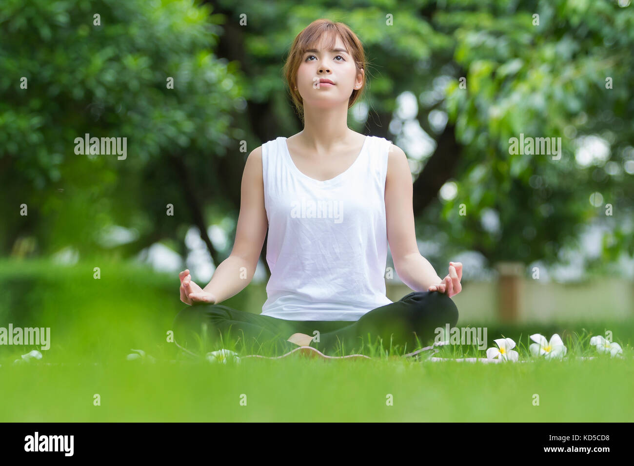 Closeup of beautiful asian women doing yoga in park Stock Photo - Alamy
