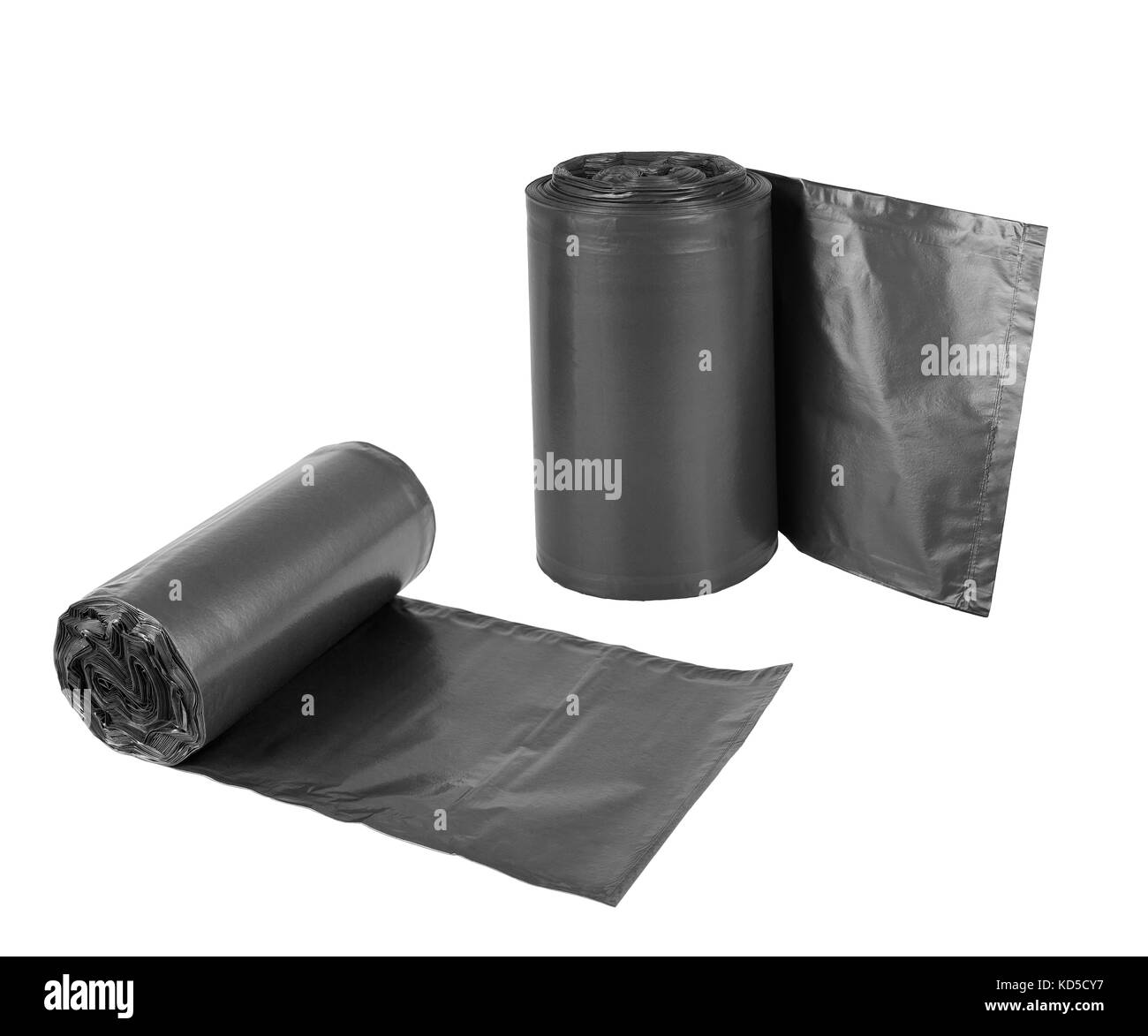 Rolls  of disposable trash bags isolated over white background Stock Photo