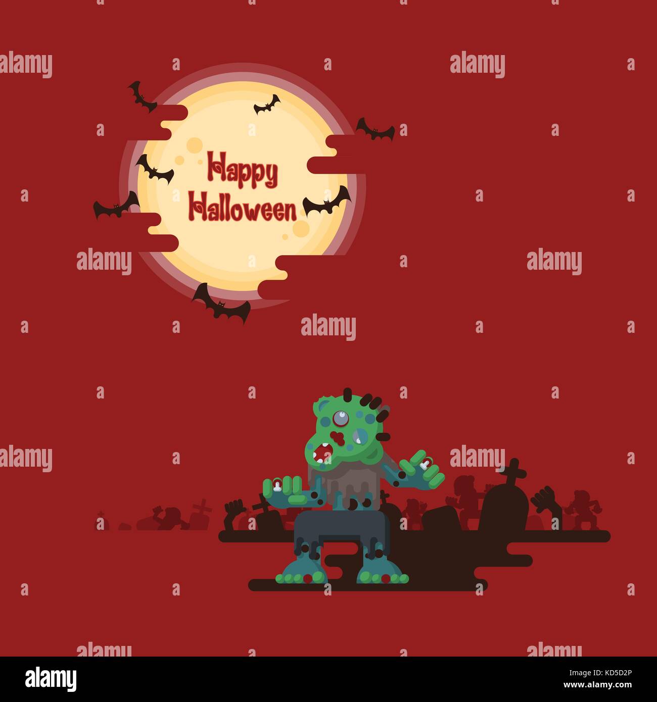Happy Halloween, zombies walking and rising out from the ground at night in a graveyard under glowing full moon and flying bats with dark shadow on re Stock Vector