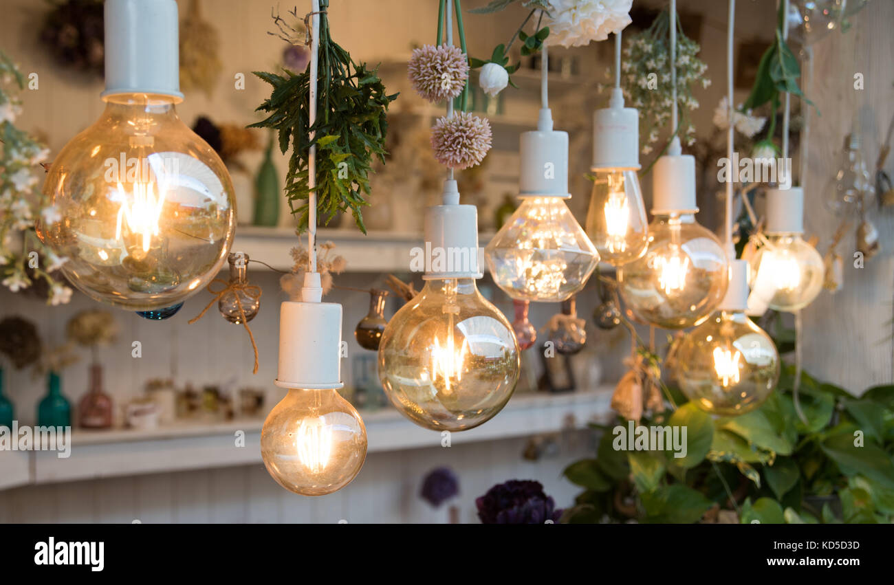 Round glowing light bulbs in the interior. Stock Photo