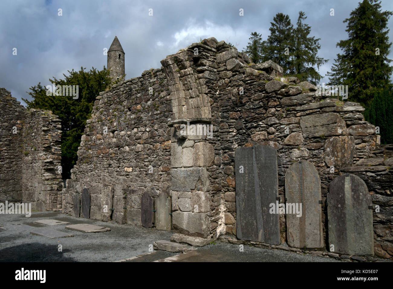 Stone ruins of old monastic settlement built in 6th century at Glendalough,county wicklow,ireland Stock Photo