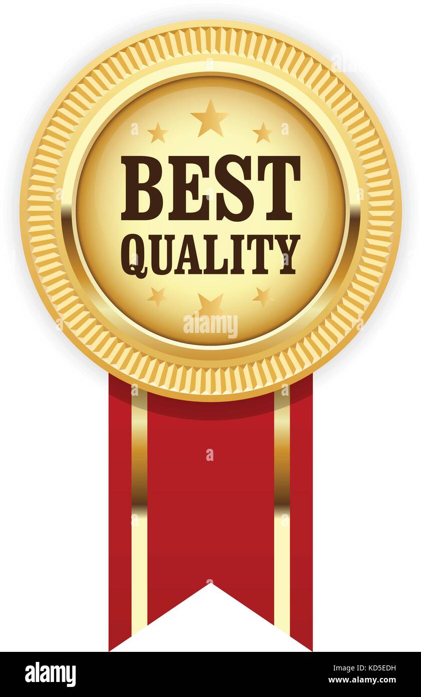 Golden medal Best Quality with red ribbon Stock Vector
