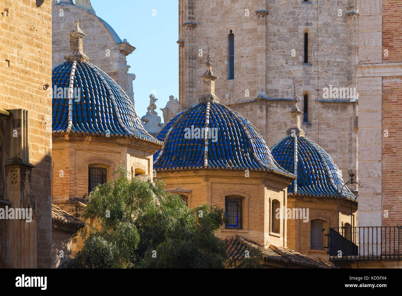 Cathedral Valencia Spain, view of three blue ceramic tiled pepper-pot towers lining the west side of the Santa Catalina Cathedral in Valencia, Spain. Stock Photo