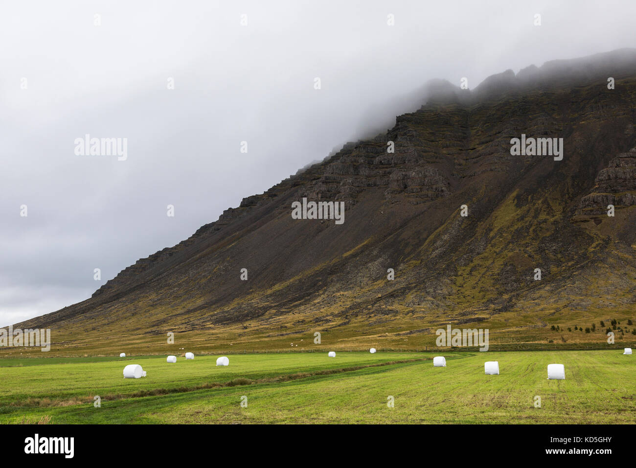 Icelandic landscape with field of bales and mountains, near Akranes, Iceland. Stock Photo