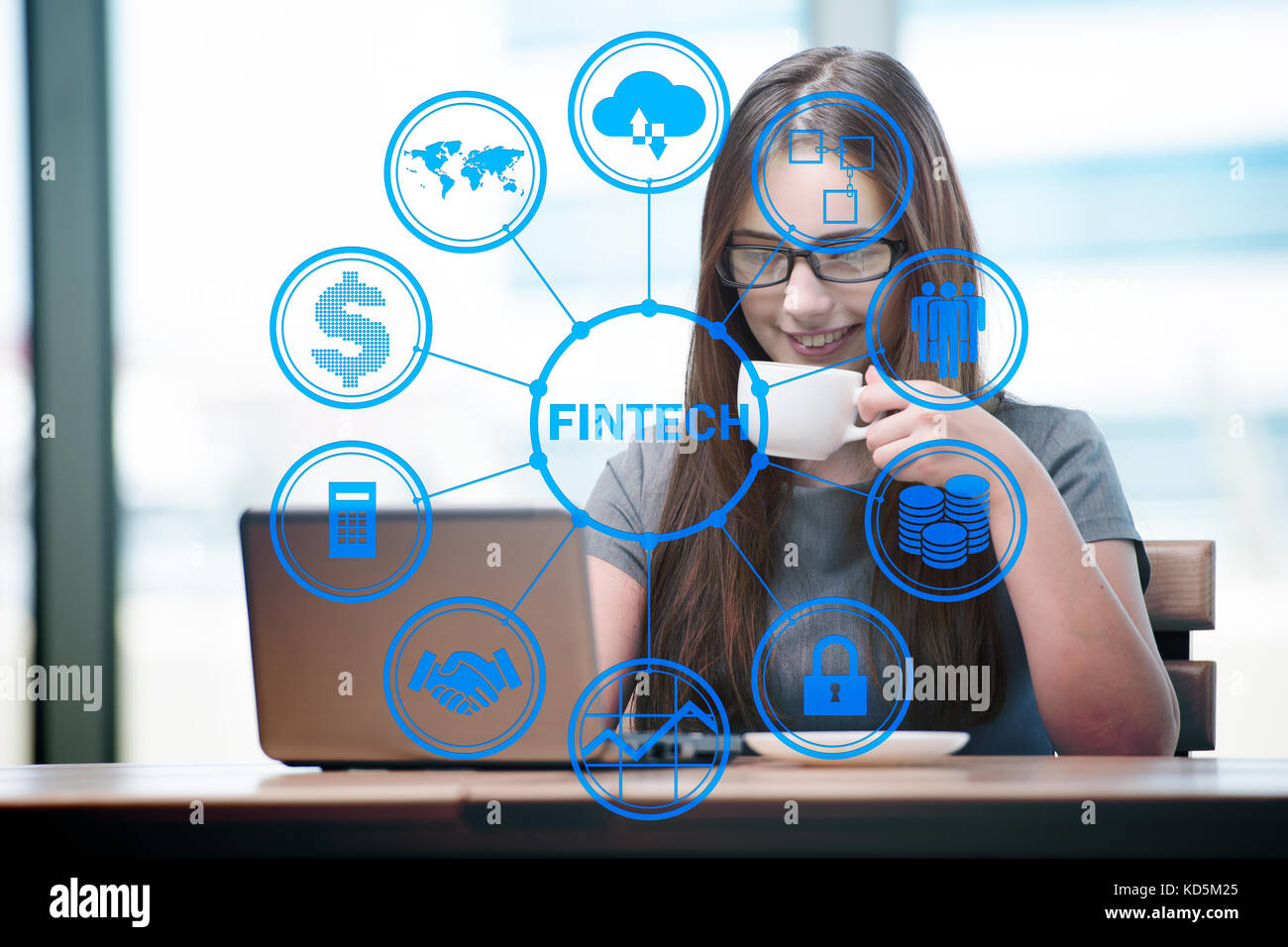 Businesswoman with computer in financial technology fintech concept ...