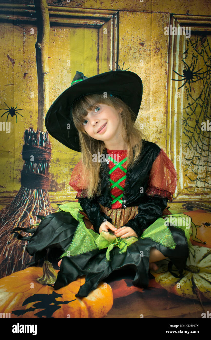 Little Girl wearing Halloween costume. She is five years old and very