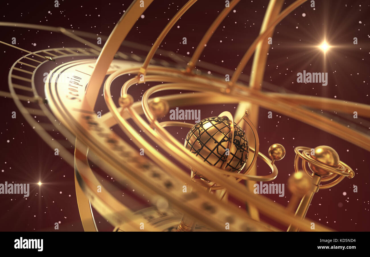 Armillary Sphere And Stars On Red Background Stock Photo